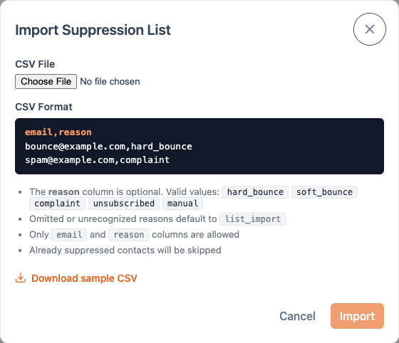 Import Suppression List popup