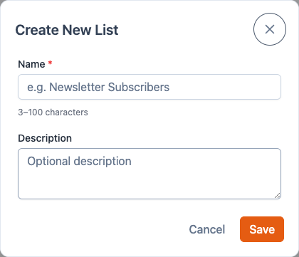 Create New List popup