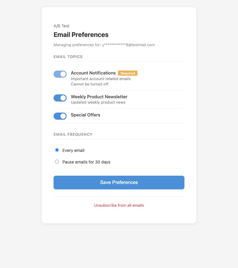 Preference Center Page